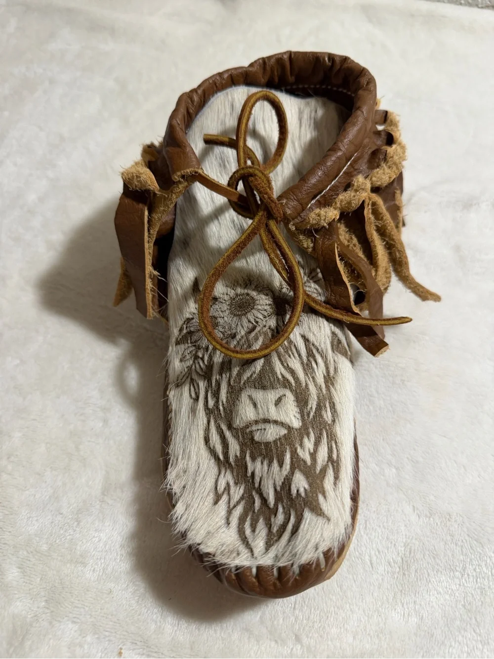 Brown Faux Fur Moccasin Boots with Highland Cow Design